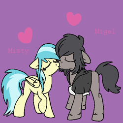 Size: 500x500 | Tagged: safe, artist:spitstuck, derpibooru import, misty fly, oc, oc:nigel, pony, clothes, female, kissing, male, purple background, shirt, simple background, stallion, straight