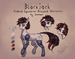 Size: 3160x2496 | Tagged: safe, artist:bultico, derpibooru import, oc, oc:blackjack, cyborg, pony, unicorn, fallout equestria, fallout equestria: project horizons, amputee, female, mare, prosthetic leg, prosthetic limb, prosthetics, reference sheet, solo