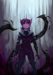 Size: 1920x2708 | Tagged: safe, artist:bultico, derpibooru import, twilight sparkle, anthro, unicorn, g4, armor, claws, corrupted, eye scar, facial scar, female, scar, solo, tentacles