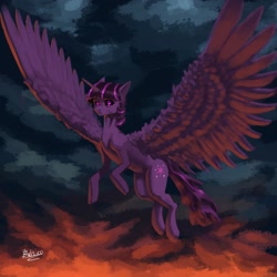 Size: 1920x1920 | Tagged: safe, artist:bultico, derpibooru import, twilight sparkle, twilight sparkle (alicorn), alicorn, pony, g4, black sclera, evil twilight, female, flying, mare, solo