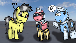 Size: 828x465 | Tagged: safe, artist:foxfer64_yt, derpibooru import, oc, oc only, oc:silverstream (robot pony), oc:thunder (fl), oc:trackhead, original species, pegasus, pony, robot, robot pony, butt, confused, day, daylight, empty, happy, photo, raised hoof, raised leg, rear, talking, thinking, trio, wheelpone