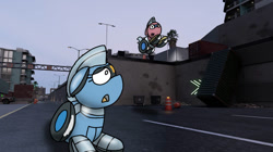 Size: 828x465 | Tagged: safe, artist:foxfer64_yt, derpibooru import, oc, oc only, oc:silverstream (robot pony), oc:trackhead, original species, pony, robot, robot pony, amazed, city, concerned, duo, jumping, looking up, photo, tracks, wheepone