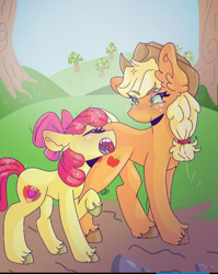 Size: 720x905 | Tagged: safe, artist:mageyhicc, derpibooru import, apple bloom, applejack, earth pony, pony, g4, apple, apple sisters, eyes closed, female, filly, foal, food, mare, open mouth, siblings, sisters, tree, unshorn fetlocks