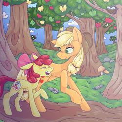 Size: 1280x1280 | Tagged: safe, artist:mageyhicc, derpibooru import, apple bloom, applejack, earth pony, pony, g4, apple, apple sisters, apple tree, bird nest, egg, eyes closed, female, filly, foal, food, mare, nest, open mouth, redraw, siblings, sisters, tree