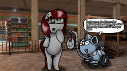 Size: 828x465 | Tagged: safe, artist:foxfer64_yt, derpibooru import, oc, oc only, oc:kira (fl), oc:silverstream (robot pony), original species, pegasus, pony, robot, robot pony, bag, bipedal, curious, duo, groceries, grocery store, happy, helping, looking at each other, looking at someone, raised hoof, raised leg, shop, shopping bag, talking, wheelpone