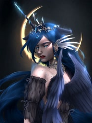 Size: 1920x2561 | Tagged: safe, artist:tuna19, derpibooru import, princess luna, human, g4, clothes, crescent moon, crying, dress, female, horn, horned humanization, humanized, jewelry, moon, necklace, regalia, solo, winged humanization, wings