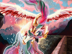 Size: 1280x960 | Tagged: safe, artist:metanagon, derpibooru import, princess celestia, alicorn, pony, g4, curved horn, female, flying, hoof shoes, horn, jewelry, mare, peytral, regalia, scenery, solo, spread wings, wings