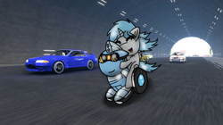 Size: 828x465 | Tagged: safe, artist:foxfer64_yt, derpibooru import, oc, oc only, oc:nara (fl), oc:silverstream (robot pony), alicorn, original species, pony, robot, robot pony, car, duo, ears back, eyes closed, happy, highway, hug, looking at each other, looking at someone, nissan, photo, riding, riding a pony, tunnel, wheelpone