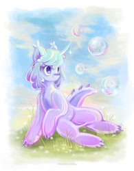 Size: 1280x1645 | Tagged: safe, artist:stearinka, derpibooru import, oc, oc only, goo, goo pony, original species, pony, bubble, commission, curved horn, female, horn, mare, sitting, solo