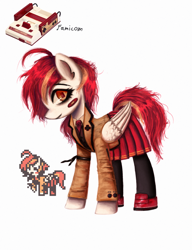 Size: 1920x2500 | Tagged: safe, artist:menalia, derpibooru import, pegasus, pony, robot, robot pony, ahoge, bandaid, clothes, famicom, female, looking at you, mare, messy mane, necktie, pixel art, ponified, reference, shoes, simple background, skirt, species swap, stockings, suit, thigh highs, white background, wings