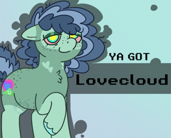 Size: 1301x1048 | Tagged: safe, artist:bluemoon, derpibooru import, oc, oc only, oc:lovecloud, pony, androgynous, banned from equestria daily, commission, gradient background, messy mane, solo, unshorn fetlocks, ya got, ych result