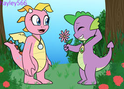Size: 2164x1548 | Tagged: safe, artist:hayley566, derpibooru import, spike, dragon, g4, bush, cassie (dragon tales), casspike, commission, crossover, crossover shipping, dragon tales, duo, eyes closed, female, flower, grass, grin, jewelry, male, medal, necklace, open mouth, shipping, smiling, straight, tree