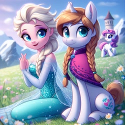 Size: 1024x1024 | Tagged: safe, ai content, derpibooru import, generator:dall-e 3, machine learning generated, human, pony, unicorn, anna, braid, castle, elsa, female, flower, frozen (movie), grass, human female, mare, mountain, on ground, ponified, prompter needed, siblings, sisters, sitting, smiling, solo, species swap