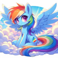 Size: 1024x1024 | Tagged: safe, ai content, derpibooru import, generator:bing image creator, generator:dall-e 3, machine learning generated, rainbow dash, pegasus, pony, g4, blushing, cloud, cute, dashabetes, female, looking at you, on a cloud, prompter needed, sitting, sitting on cloud, smiling, smiling at you, solo, spread wings, wings, wrong cutie mark