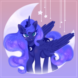 Size: 2500x2500 | Tagged: safe, artist:fuzzystarart, derpibooru import, princess luna, alicorn, pony, g4, :p, constellation, constellation freckles, crown, ethereal mane, ethereal tail, female, freckles, gift art, gradient background, jewelry, mare, moon, regalia, solo, star freckles, tail, tongue, tongue out