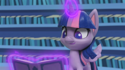 Size: 1920x1080 | Tagged: safe, derpibooru import, twilight sparkle, twilight sparkle (alicorn), alicorn, pony, g4.5, my little pony: stop motion short, pinkie pie wants to play, book, cute, library, magic, magic aura, smiling, solo, twilight's castle, twilight's castle library