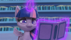 Size: 1920x1080 | Tagged: safe, derpibooru import, twilight sparkle, twilight sparkle (alicorn), alicorn, pony, g4.5, my little pony: stop motion short, pinkie pie wants to play, book, concentrating, cute, library, magic, magic aura, solo, twilight's castle, twilight's castle library