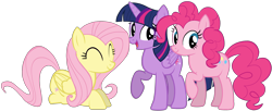 Size: 2532x1036 | Tagged: safe, artist:zslnews, derpibooru import, fluttershy, pinkie pie, twilight sparkle, twilight sparkle (alicorn), alicorn, earth pony, pegasus, pony, ^^, eyes closed, female, mare, open mouth, raised hoof, raised leg, simple background, transparent background, trio, trio female, vector