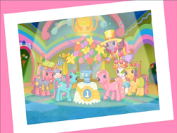 Size: 900x675 | Tagged: safe, derpibooru import, screencap, cheerilee (g3), pinkie pie (g3), rainbow dash (g3), scootaloo (g3), starsong, sweetie belle (g3), toola roola, earth pony, pegasus, pony, unicorn, g3, bouquet, clothes, core seven, flower, flying, hat, looking at you, meet the ponies, rainbow dash's hat fashion party, raised hoof, raised leg, spotlight