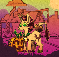 Size: 1143x1112 | Tagged: safe, artist:mrraapeti, derpibooru import, oc, pony, unicorn, halloween, holiday, jack-o-lantern, male, pumpkin, solo, stallion