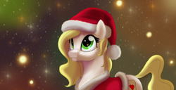 Size: 4000x2045 | Tagged: safe, artist:trash anon, oc, oc only, oc:epithumia, earth pony, pony, abstract background, blonde, blonde mane, christmas, christmas lights, clothes, costume, cutie mark, earth pony oc, female, green eyes, hat, holiday, santa costume, santa hat, smiling, white coat