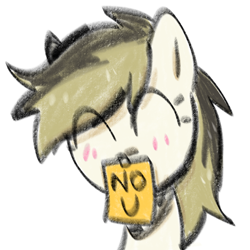 Size: 768x768 | Tagged: safe, artist:omelettepony, ponerpics import, oc, oc only, earth pony, pony, earth pony oc, eyes closed, female, looking at you, mare, mute, no u, simple background, smiling, smiling at you, solo, sticky note, text, white background