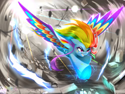 Size: 2400x1800 | Tagged: safe, artist:darksly, rainbow dash, pegasus, pony, electricity, female, flying, mare, rainbow power, rainbow wings, solo