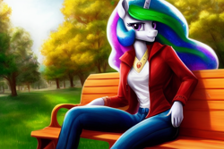 Size: 1920x1280 | Tagged: safe, derpibooru exclusive, derpibooru import, editor:dovakkins, generator:stable diffusion, machine learning generated, princess celestia, alicorn, anthro, beautiful, bench, breasts, clothes, denim, female, jacket, jeans, jewelry, looking at you, pants, park, peytral, reasonably sized breasts, sitting, smiling, smiling at you, solo, wingless