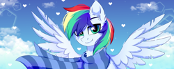 Size: 1200x480 | Tagged: safe, artist:stormcloud, derpibooru import, oc, oc only, pegasus, pony, bust, clothes, cloud, commission, ear fluff, ears, green eyes, heart, looking at you, male, multicolored mane, pegasus oc, scarf, sky, sky background, smiling, smiling at you, solo, spread wings, stallion, striped scarf, wings