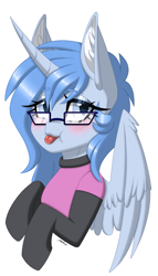 Size: 1711x3000 | Tagged: safe, alternate version, artist:melodytheartpony, derpibooru import, oc, alicorn, pony, 2023, :p, blushing, bust, chest fluff, clothes, collar, cute, eyelashes, female, feral, fluffy, glasses, horn, icon, looking at you, portrait, shirt, signature, simple background, socks, solo, spread wings, stockings, thigh highs, tongue, tongue out, white background, wings