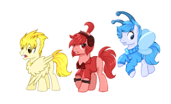 Size: 1074x651 | Tagged: safe, artist:diniarvegafinahar, derpibooru import, part of a set, breezie, earth pony, pegasus, pony, a, alphabet lore, bowtie, c, clothes, flying, headphones, jacket, male, ponified, simple background, species swap, stallion, transparent background, trio, trio male, wings, 🅱