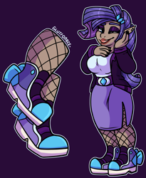 Size: 1587x1938 | Tagged: safe, alternate version, artist:sexygoatgod, derpibooru import, rarity, human, blue background, clothes, dress, elf ears, female, human coloration, humanized, moderate dark skin, one eye closed, shoes, simple background, sneakers, solo, wink