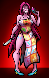 Size: 3896x6216 | Tagged: safe, artist:x-somebodyrandom-x, derpibooru import, pinkie pie, human, fanfic:cupcakes, clothes, cupcake, cutie mark dress, cutie mark on human, dress, female, food, grin, high heels, humanized, knife, pinkamena diane pie, pony coloring, shoes, smiling, solo