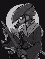 Size: 2920x3819 | Tagged: safe, artist:yaisoula, derpibooru import, spike, anthro, dragon, asian conical hat, clothes, gas mask, grayscale, hat, katana, male, mask, monochrome, solo, sword, weapon