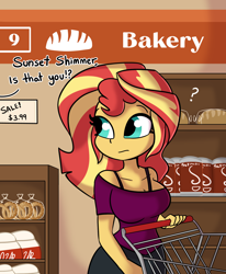 Size: 1584x1920 | Tagged: safe, artist:tjpones, derpibooru import, sunset shimmer, human, equestria girls, bread, breasts, commission, female, food, implied sonata dusk, offscreen character, pretzel, question mark, shopping cart, solo, sunset jiggler