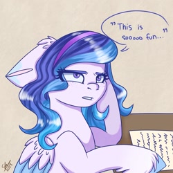 Size: 1280x1280 | Tagged: safe, artist:galaxy swirl, derpibooru import, oc, oc only, pegasus, pony, desk, dialogue, paper, pegasus oc, solo, speech bubble, unshorn fetlocks