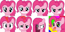 Size: 384x192 | Tagged: safe, artist:scootaloormayfly, derpibooru import, pinkie pie, earth pony, pony, angry, drugs, exclamation point, looking at you, lsd, pinkamena diane pie, pinkie pie is not amused, pixel art, question mark, rainbow, rpg maker, rpg maker vx ace, simple background, smiling, smiling at you, sprite, surprised, transparent background, unamused