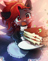 Size: 1280x1642 | Tagged: safe, artist:astralblues, derpibooru import, oc, pegasus, pony, blushing, cake, clothes, female, food, maid, mare, open mouth, solo, teary eyes