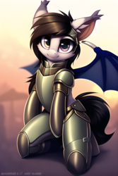 Size: 768x1152 | Tagged: safe, derpibooru import, generator:novelai, generator:stable diffusion, machine learning generated, bat pony, semi-anthro, arm hooves, armor, armored pony, bat wings, cute, ear fluff, ears, heterochromia, kneeling, looking at you, smiling, smiling at you, solo, wings