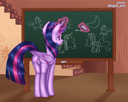 Size: 3375x2700 | Tagged: safe, artist:ingolf arts, derpibooru import, twilight sparkle, twilight sparkle (alicorn), alicorn, pony, butt, chalk, chalkboard, cute, featureless crotch, female, glowing, glowing horn, high res, horn, magic, magic aura, mare, plot, solo, stairs, stars, telekinesis, wings