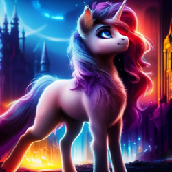 Size: 1536x1536 | Tagged: safe, derpibooru import, generator:purplesmart.ai, generator:stable diffusion, machine learning assisted, machine learning generated, oc, pony, unicorn, blue eyes, castle, chest fluff, ear fluff, ears, eyebrows, eyelashes, fluffy, fur, glowing, looking up, multicolored mane, multicolored tail, sky, smiling, standing, tail, unnamed oc, white coat