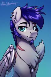 Size: 2000x3000 | Tagged: safe, artist:jedayskayvoker, derpibooru import, oc, oc only, oc:blue crest, pegasus, pony, amputee, bust, dilf, dog tags, ear piercing, eye scar, facial scar, gradient background, headshot commission, male, metal wing, pegasus oc, piercing, portrait, prosthetic limb, prosthetic wing, prosthetics, scar, stallion, wings