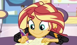 Size: 1080x635 | Tagged: safe, derpibooru import, screencap, sunset shimmer, human, equestria girls, mirror magic, spoiler:eqg specials, adorable face, book, cute, female, fire, happy, letter, shimmerbetes, smiling, solo, sun, sunset, writing