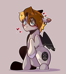 Size: 1122x1254 | Tagged: safe, artist:aff3ct10nn, derpibooru import, oc, oc only, oc:sunny (lrusu), hybrid, mule, pony, ears, eye clipping through hair, floating heart, floppy ears, hair over one eye, heart, hybrid oc, looking at you, pegamule, simple background, smiling, solo