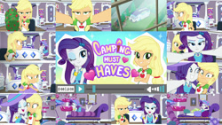 Size: 1280x722 | Tagged: safe, derpibooru import, edit, edited screencap, editor:quoterific, screencap, applejack, rarity, camping must-haves, equestria girls, spoiler:eqg series (season 2), adjusting, blue eyeshadow, confused, crossed arms, cute, draw me like one of your french girls, duo, duo female, eyeshadow, female, freckles, frown, geode of shielding, geode of super strength, grin, hat, heart, magical geodes, makeup, one eye closed, open mouth, open smile, pillow, raribetes, rv, selfie, shipping fuel, smiling, sofa, van, wink