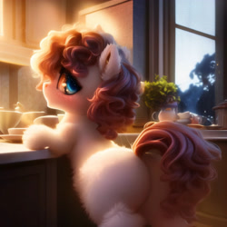 Size: 3072x3072 | Tagged: safe, derpibooru import, generator:purplesmart.ai, generator:stable diffusion, machine learning generated, oc, earth pony, bipedal, blue eyes, brown mane, brown tail, cute, ear fluff, ears, fluffy, fur, gray coat, kitchen, looking back, rear view, solo, surprised, tail, unnamed oc, window