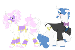 Size: 1280x854 | Tagged: safe, artist:itstechtock, derpibooru import, fancypants, fleur-de-lis, classical unicorn, pony, unicorn, blushing, clothes, cloven hooves, curved horn, facial hair, fancyfleur, female, horn, leonine tail, male, mare, mask, monocle, moustache, raised hoof, raised leg, saddle, shipping, simple background, smiling, stallion, straight, suit, tack, transparent background, unshorn fetlocks