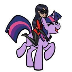 Size: 1000x1000 | Tagged: safe, artist:chelseawest, derpibooru import, twilight sparkle, unicorn twilight, human, pony, unicorn, crossover, duo, duo female, eyes closed, female, humans riding ponies, open mouth, open smile, riding, simple background, smiling, the incredibles, transparent background, violet parr