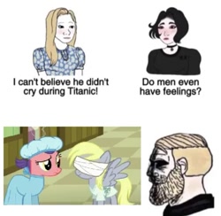 Size: 707x691 | Tagged: safe, derpibooru import, edit, edited screencap, screencap, derpy hooves, earth pony, pegasus, pony, where the apple lies, beard, blindfold, doctor, facial hair, meme, simple background, titanic, white background