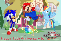 Size: 3000x2000 | Tagged: safe, artist:andoanimalia, artist:estories, artist:user15432, derpibooru import, rainbow dash, hedgehog, human, pegasus, pony, anniversary, barely pony related, crossed hooves, crossover, happy anniversary, looking at you, mario, mario & sonic, mario and sonic, open mouth, ponyville, smash ball, smiling, sonic the hedgehog, sonic the hedgehog (series), super mario bros., super smash bros., super smash bros. brawl, thumbs up